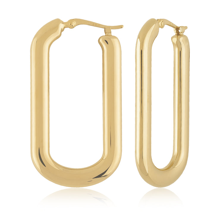 14k yellow gold long flat oval hoop earrings