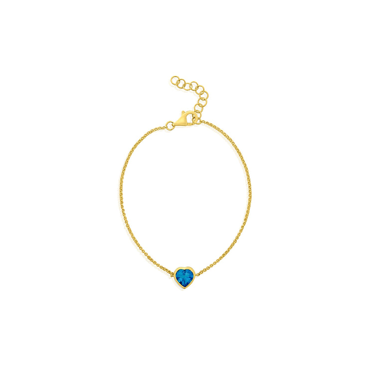 14k yellow gold bezel set heart shaped London Blue Topaz bracelet