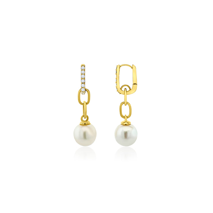 14k yellow gold diamond and pearl dangle earring