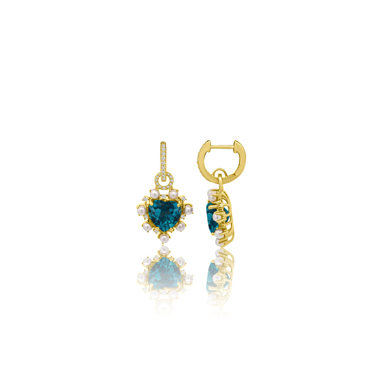 14k yellow gold heart shaped london blue topaz and pearl drop huggy