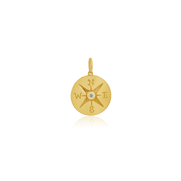 14k yellow gold disc with compass and center diamond