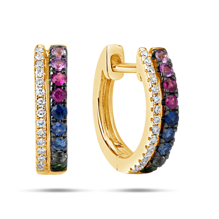 14k yellow gold diamond and rainbow sapphire huggy