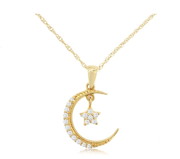 14k yellow gold moon and star dangle necklace 18"