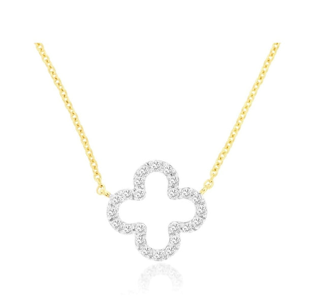 14k white and yellow  gold open quatrefoil diamond outline necklace