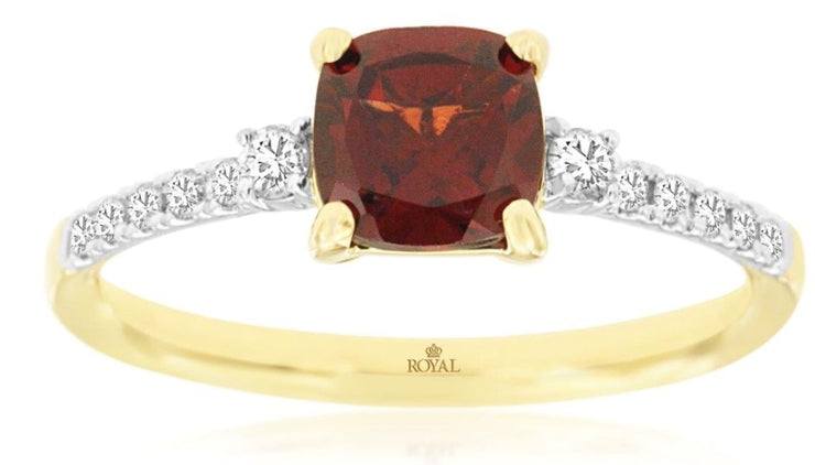 14k yellow gold cushion garnet and diamond shoulders size 7