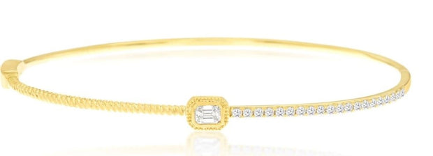 14k Yellow gold center emerald cut diamond hinged bangle