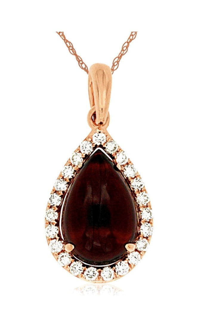 14k rose gold pear shaped garnet and diamond bezel 18" necklace