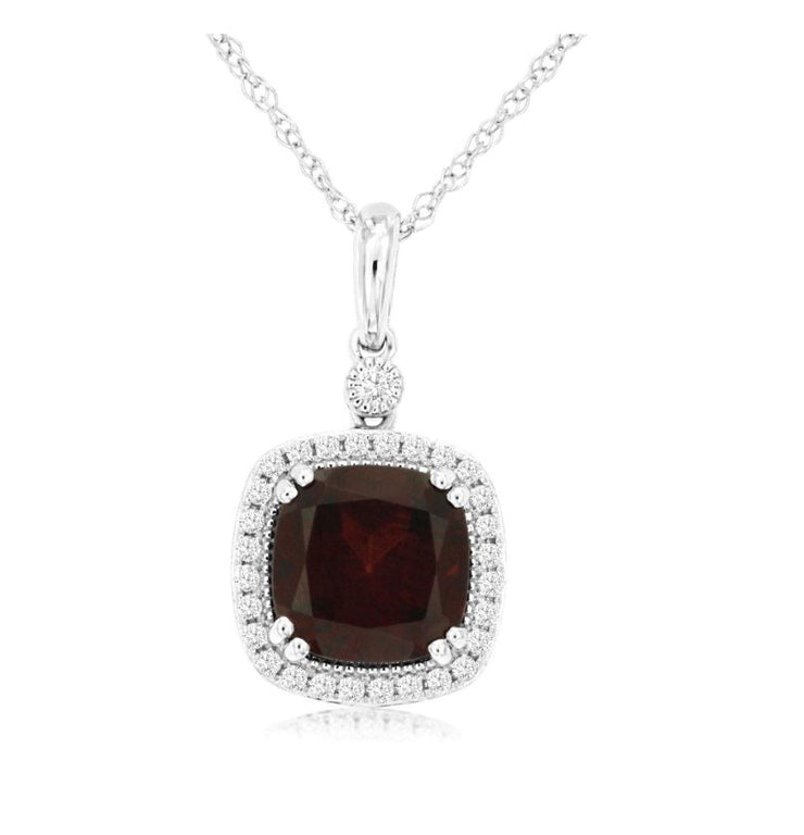 14k white gold cushion garnet diamond halo necklace