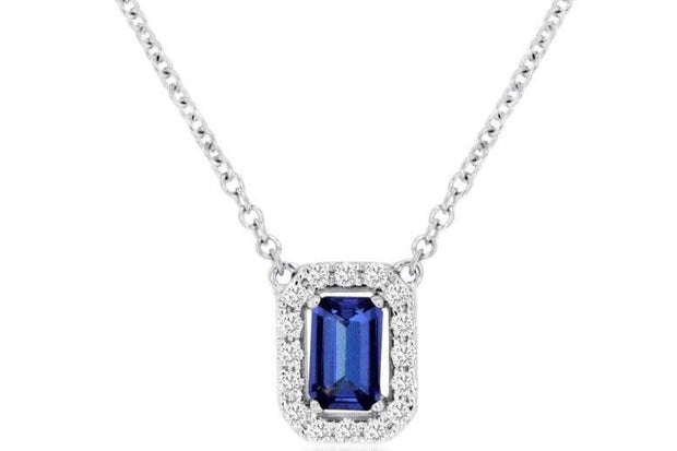 14k white gold emerald cut tanzanite diamond halo 18" necklace