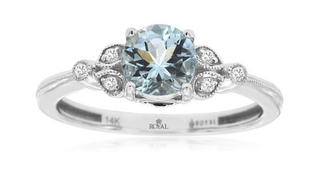 14k white gold round aquamarine diamond accents ring