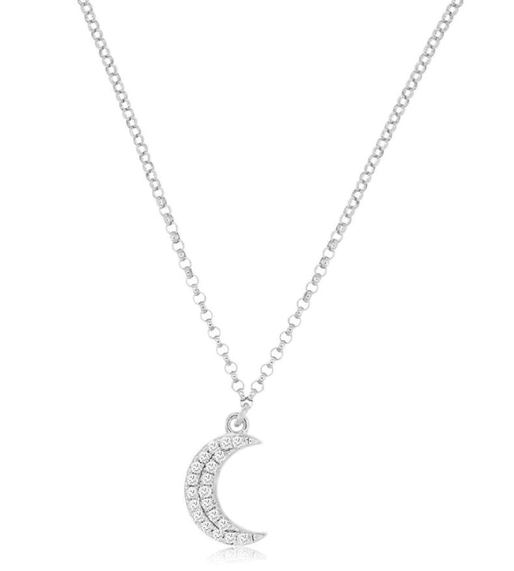 14k white gold small crescent moon with diamonds 18"