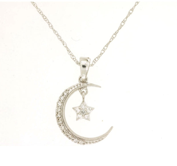 14k white gold diamond accents moon and star necklace