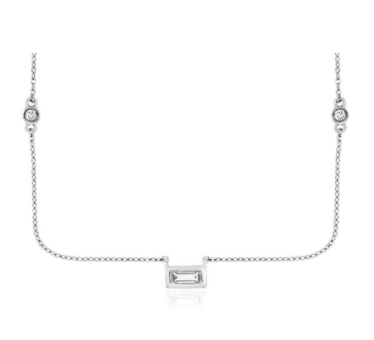 14k white gold center diamond baguette and round stations 16" necklace