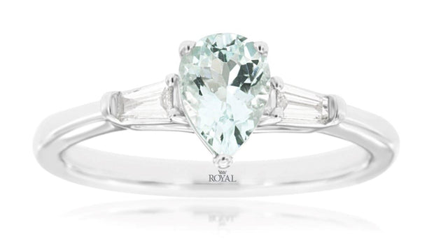 14k white gold pear shaped aquamarine and baguette diamond ring