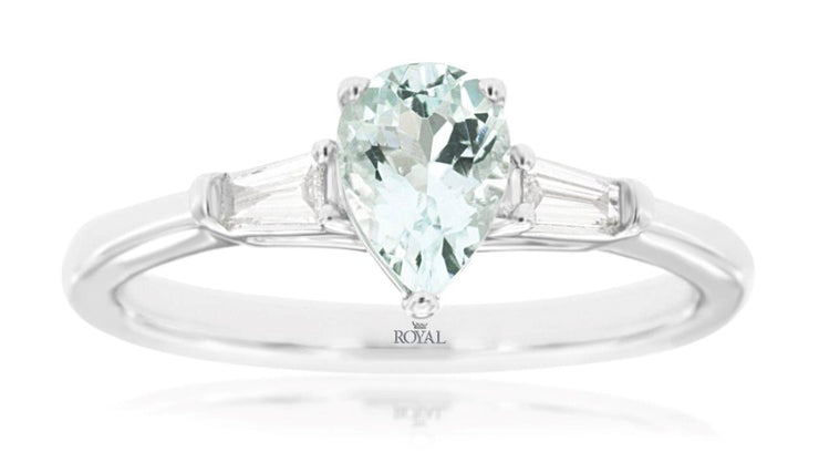 14k white gold pear shaped aquamarine and baguette diamond ring