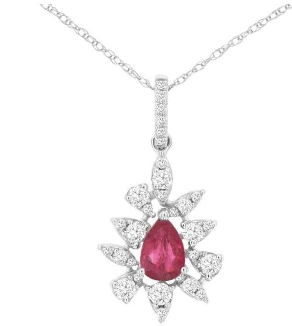 14k white gold pear shaped ruby and diamond bezel necklace